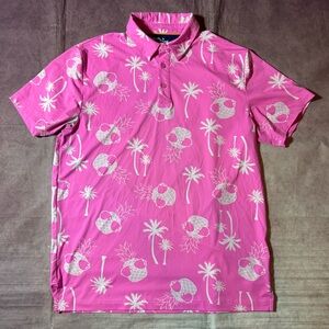 Birdie Bound Golf Polo Shirt Men's Size Medium Pink Pineapple With Sunglasses